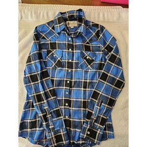 Outback Trading Company Western Shirt Plaid Long Sleeve Jewel‎ Snap Blue Black